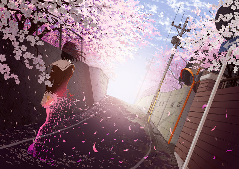 Anime Girl Walking — Pink, Serene, Spring