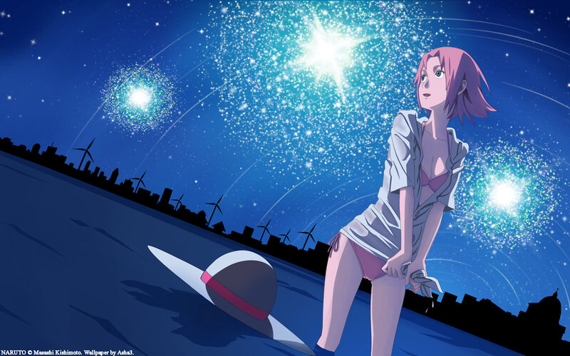 Anime Girl Watching Fireworks — Blue