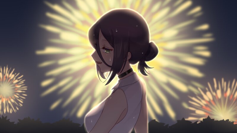 Anime Girl Watching Fireworks — Yellow, Dramatic