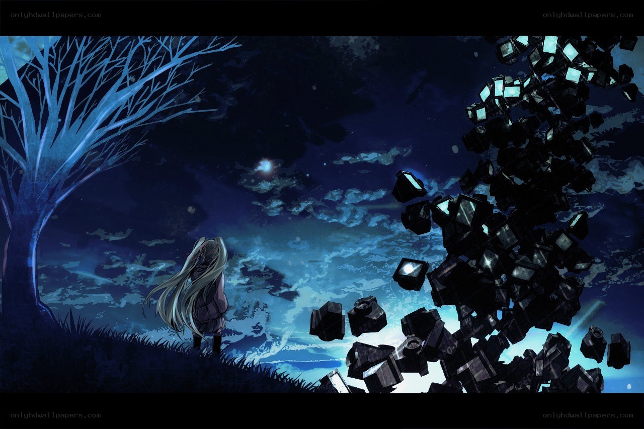 Anime girl watching floating cubes
