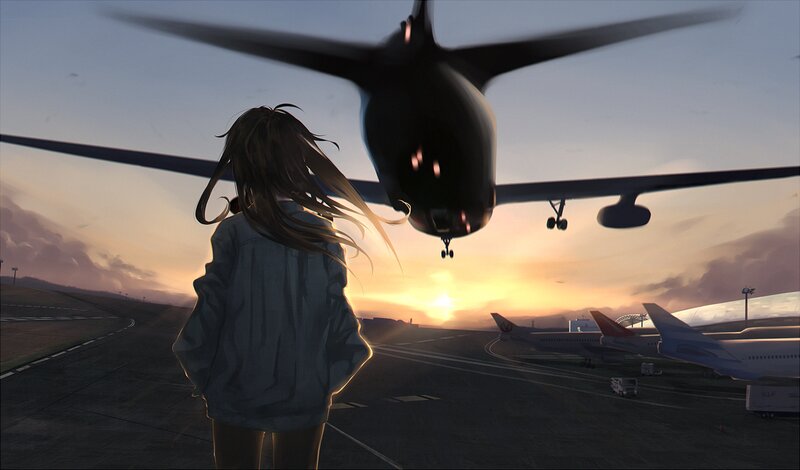 Anime Girl Watching Plane — Orange