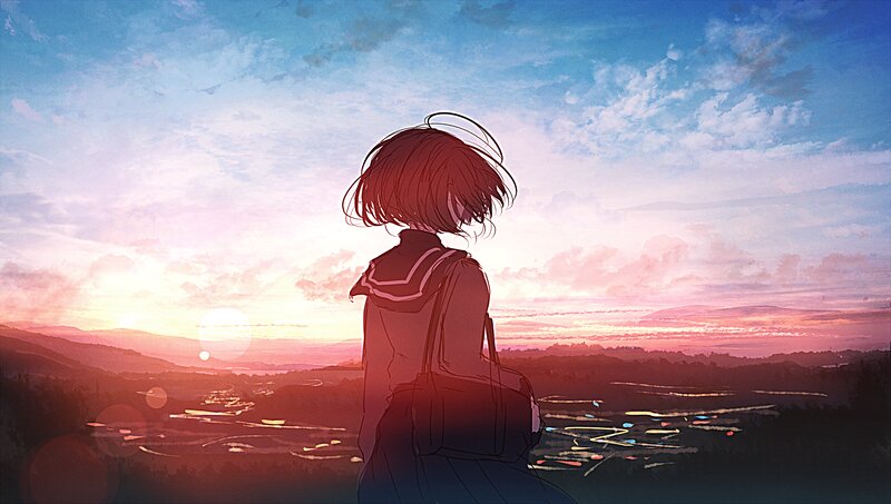 Anime Girl Watching Sunset — Blue