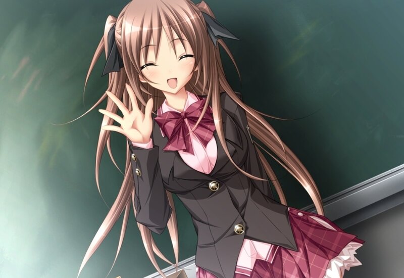 Anime Girl Waving — Brown, Cheerful