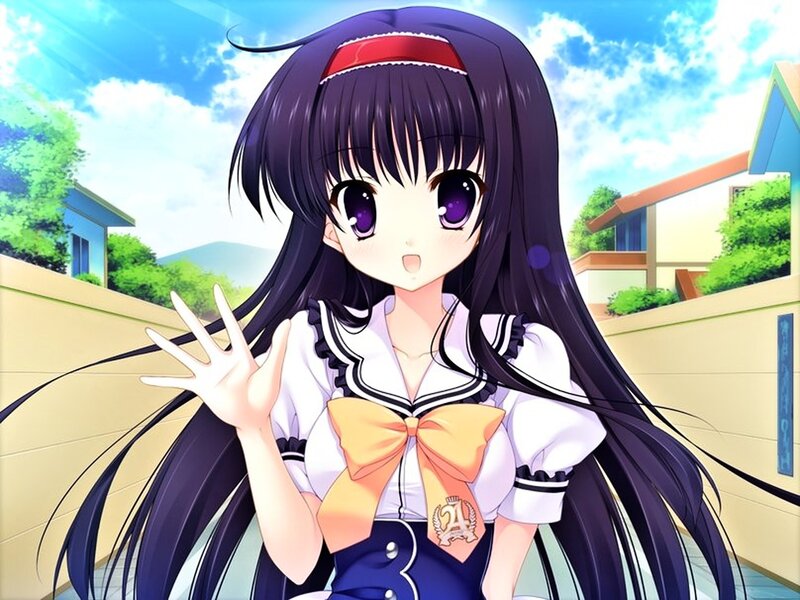 Anime Girl Waving — Purple, Cheerful