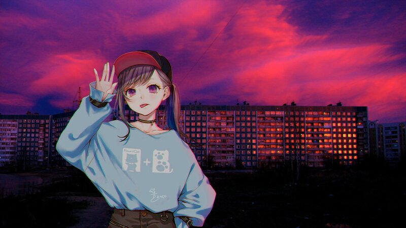 Anime Girl Waving — Purple, Dramatic