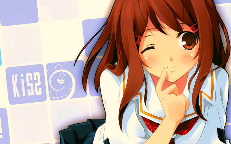 Anime Girl Winking — Brown, Playful, School Uniform