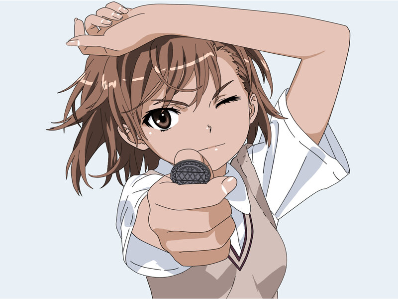 anime girl winking with coin
