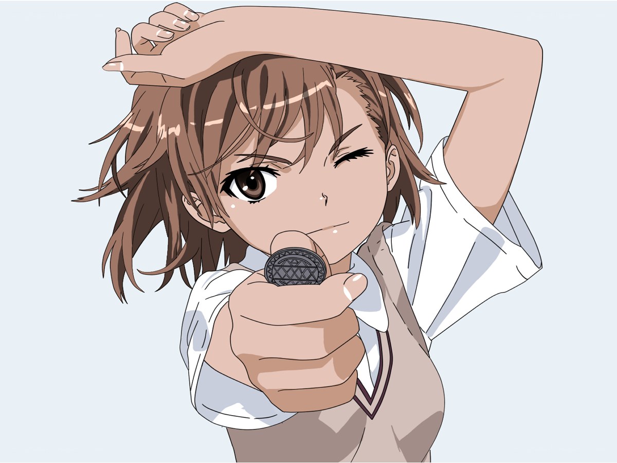 anime girl winking with coin