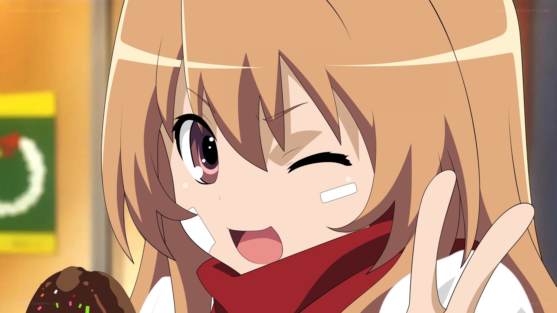 anime girl winking with donut
