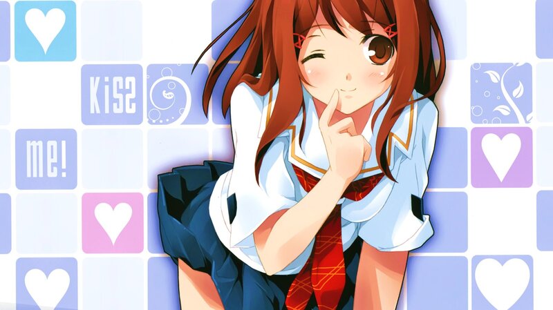 anime girl winking with heart background