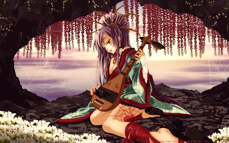 Anime girl with a lute in a cave