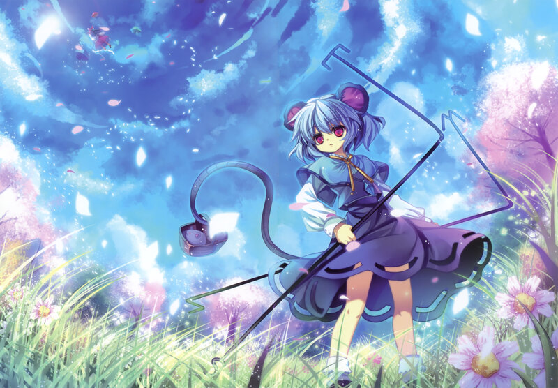 Anime girl with a staff in a flower field
