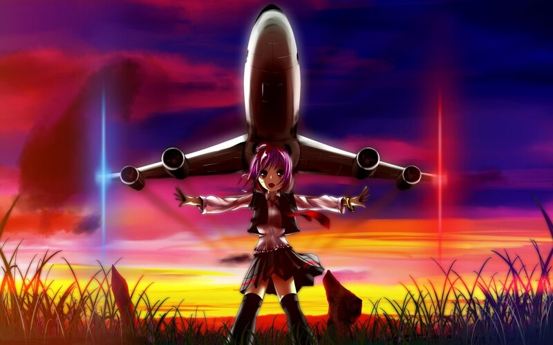 Anime Girl with Airplane — Purple, Dramatic