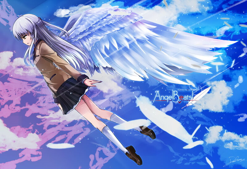 Anime Girl with Angel Wings — Blue, Dramatic, Digital Art