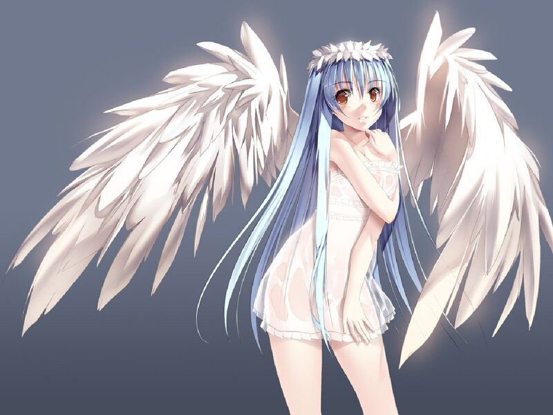 Anime Girl with Angel Wings — Blue, Serene, Digital Art