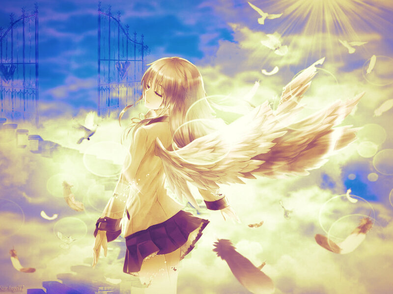 Anime Girl with Angel Wings — Blue, Serene, Sunrise