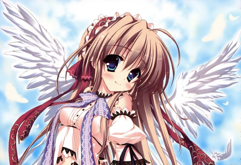 Anime Girl with Angel Wings — White, Serene, Afternoon, Blue Sky