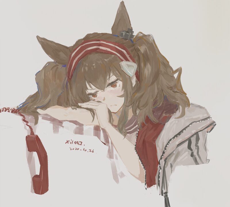 Anime Girl with Animal Ears — Brown, Calm, Digital Art, Telephone