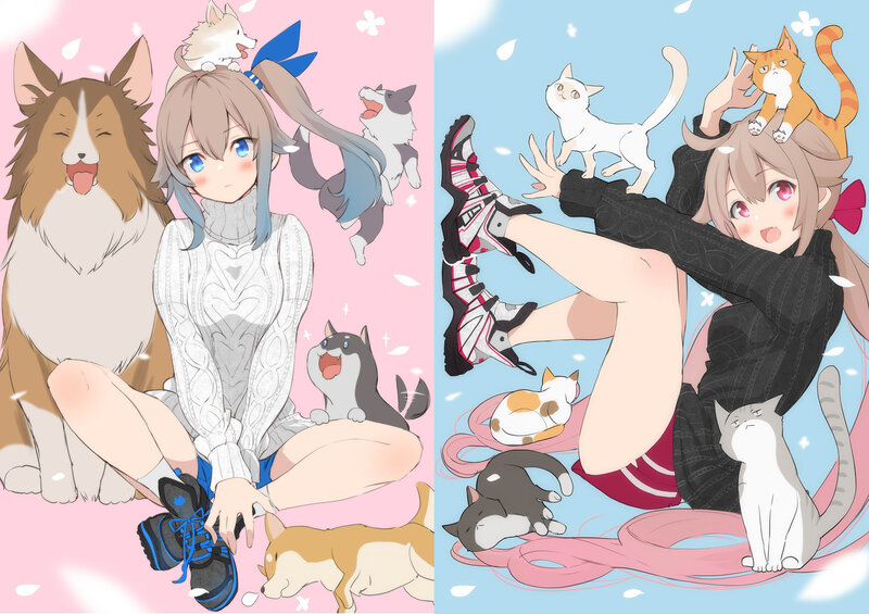 Anime Girl with Animals — Pink