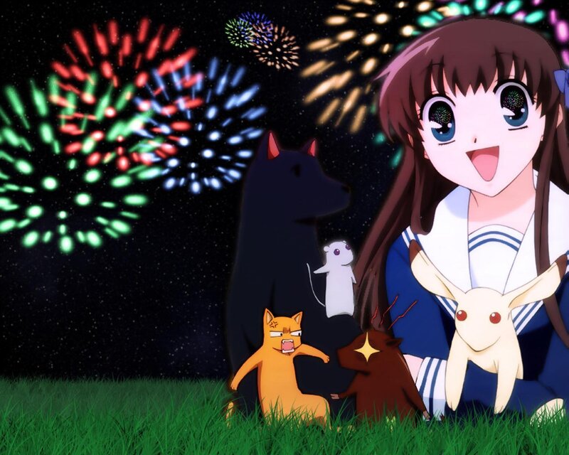 Anime girl with animals watching fireworks