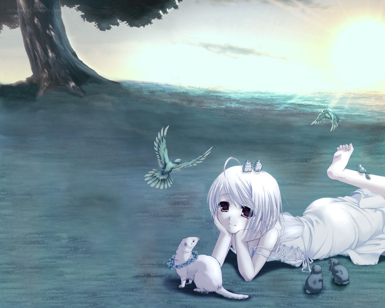 Anime girl with animals