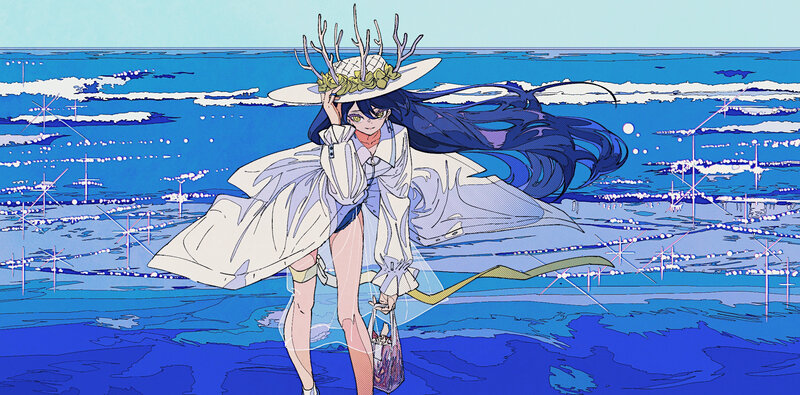 Anime Girl with Antlers — Blue, Serene, Afternoon, Digital Art