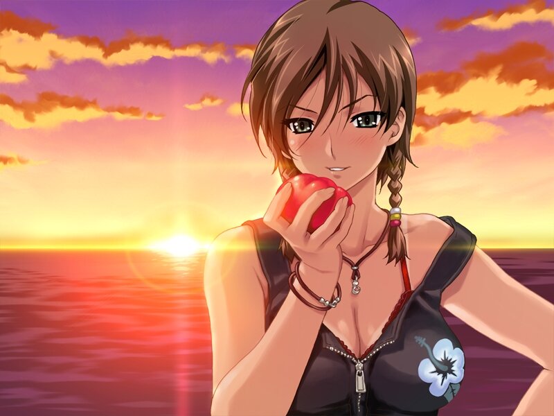 anime girl with apple at sunset