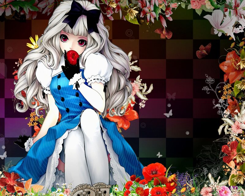 Anime Girl with Apple — Blue, Whimsical