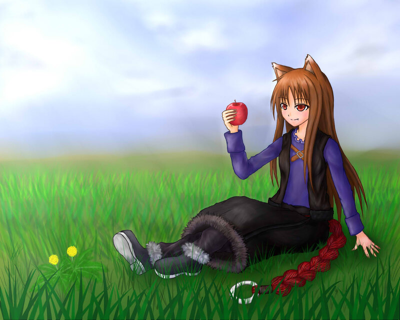 Anime girl with apple in field