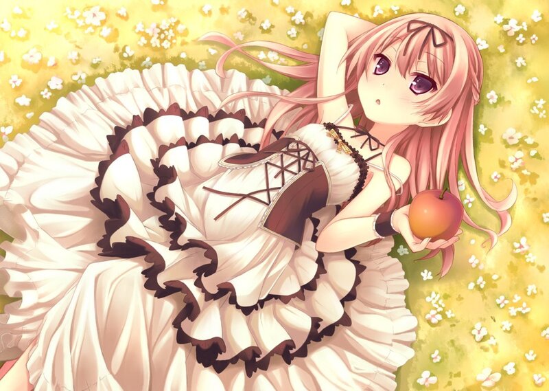 Anime girl with apple in field