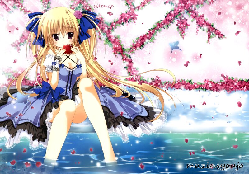 Anime girl with apple in garden