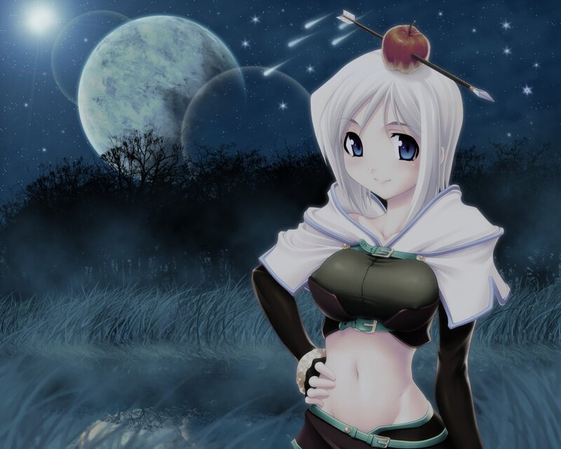Anime girl with apple on head