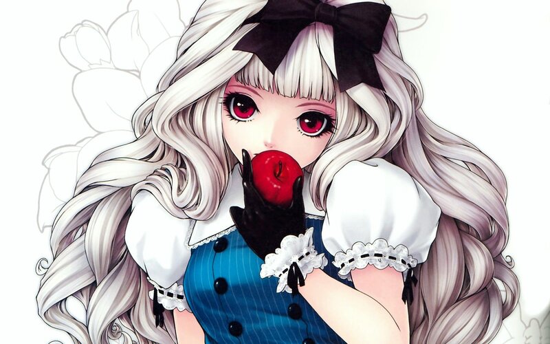 Anime Girl with Apple — White, Playful