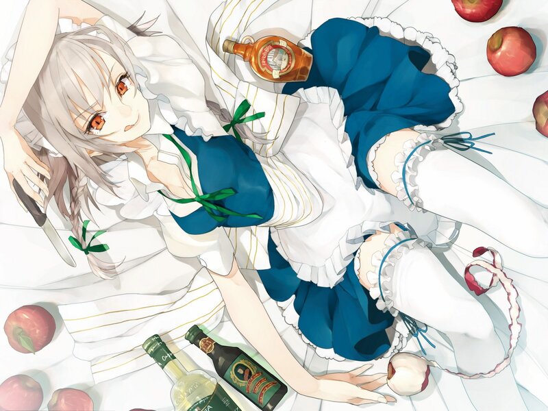 Anime girl with apples and bottles