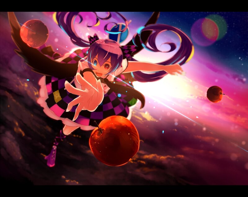 anime girl with apples in space