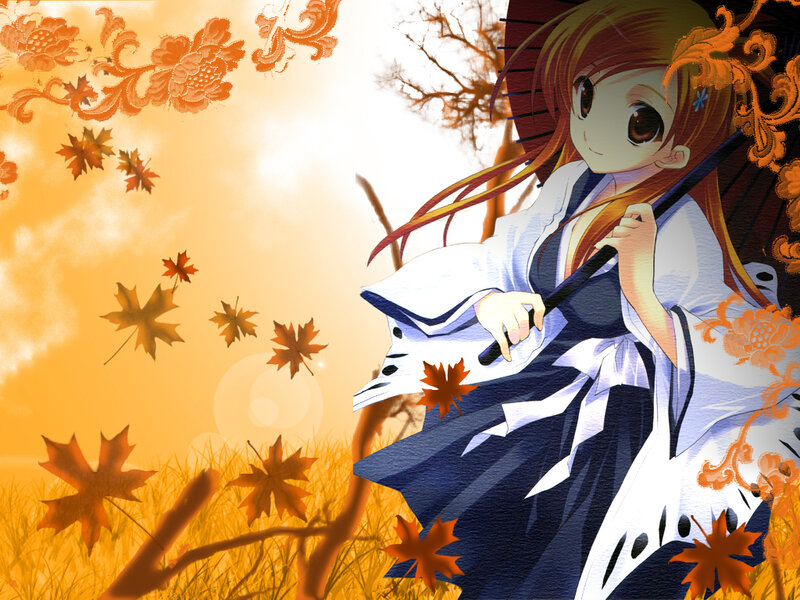 anime girl with autumn leaves