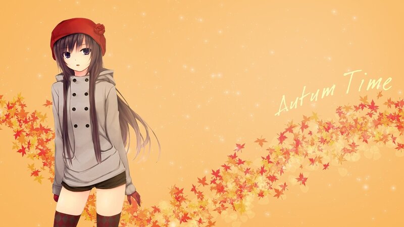 Anime Girl with Autumn Leaves — Orange, Calm, Digital Art