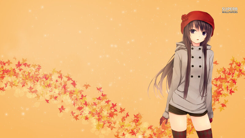 Anime Girl with Autumn Leaves — Orange, Calm