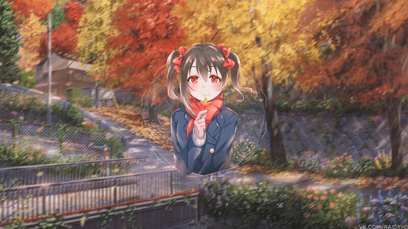Anime Girl with Autumn Leaves — Orange, Serene, Digital Art, Pigtails