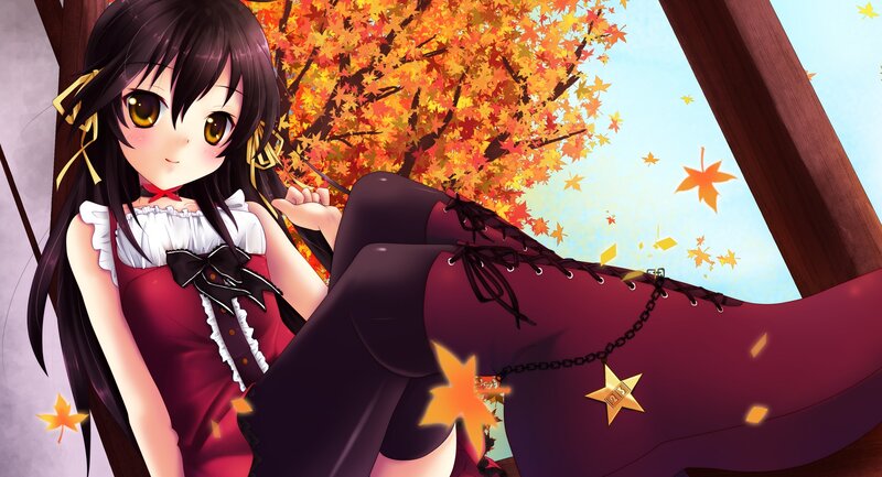 Anime Girl with Autumn Leaves — Red, Calm