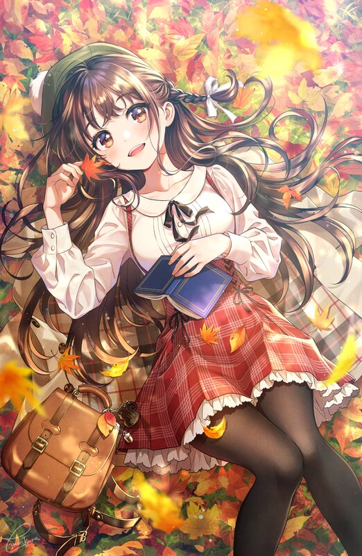 Anime Girl with Autumn Leaves — Red, Serene, Digital Art