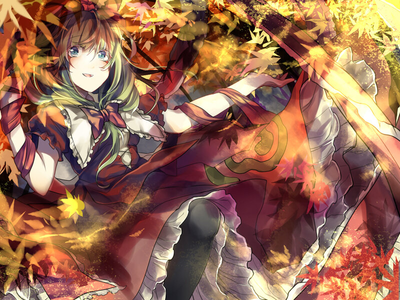Anime Girl with Autumn Leaves — Red