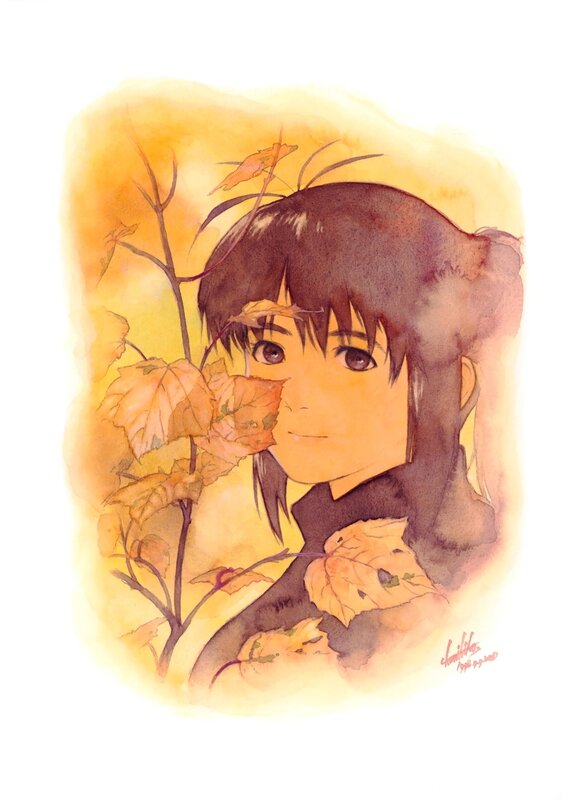 Anime Girl with Autumn Leaves — Yellow, Serene