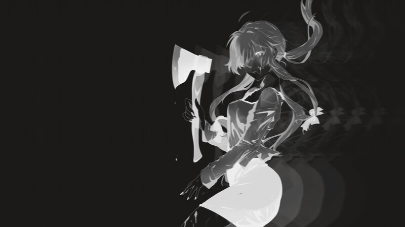 Anime Girl with Axe — Black, Dramatic, Digital Art, Hair Ribbon