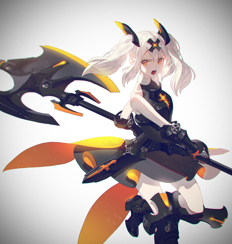 Anime Girl with Axe — Black, Dramatic, Digital Art, Horns