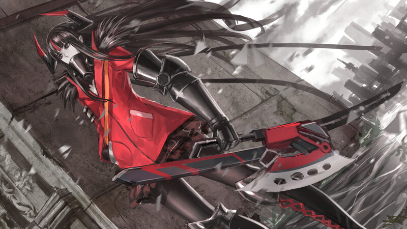 Anime Girl with Axe — Red, Dramatic, Digital Art