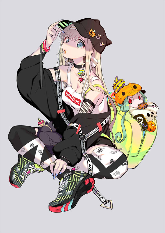 Anime Girl with Backpack — Black, Playful, Digital Art