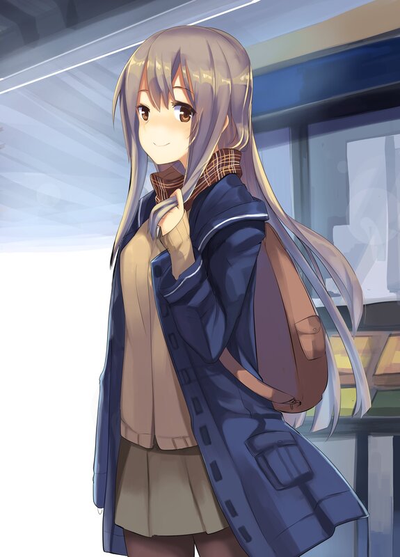 Anime Girl with Backpack — Blue, Calm, Afternoon, Coat