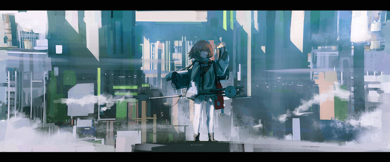 Anime Girl with Backpack — Blue, Dramatic, Digital Art