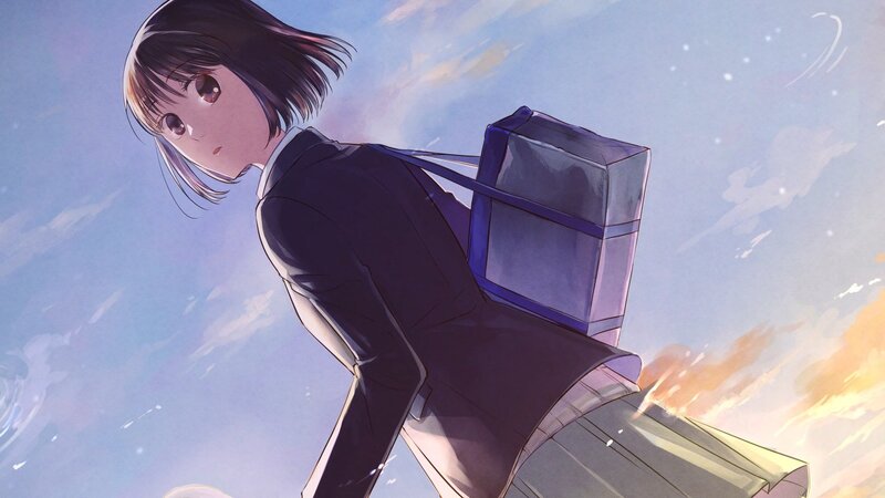 Anime Girl with Backpack — Blue, Dramatic, Sunset